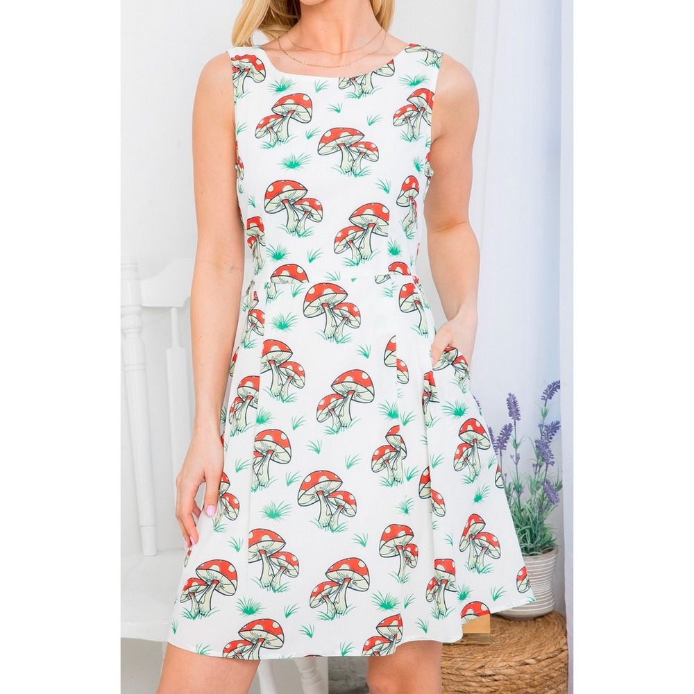L.A.Soul Mushroom Print Fit & Flare Dress White Red Sleeveless‎ Pockets Large